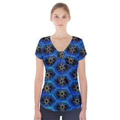 Blue Bee Hive Pattern Short Sleeve Front Detail Top