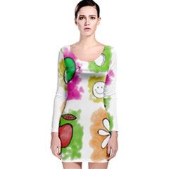 A Set Of Watercolour Icons Long Sleeve Velvet Bodycon Dress