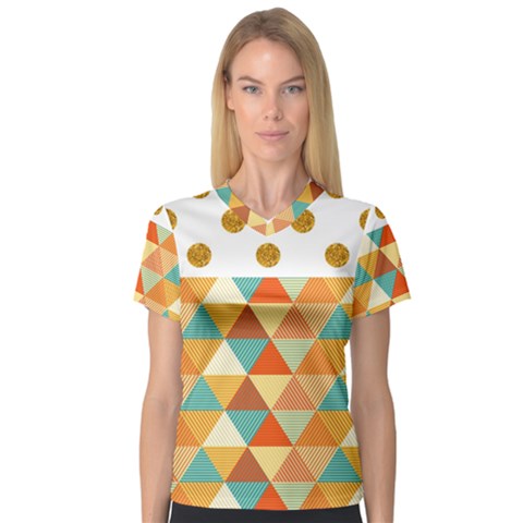 Golden Dots And Triangles Patern Women s V-neck Sport Mesh Tee by TastefulDesigns