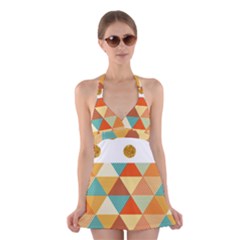 Golden Dots And Triangles Patern Halter Swimsuit Dress by TastefulDesigns