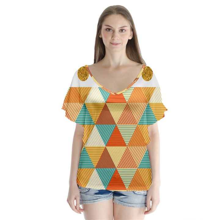 GOLDEN DOTS AND TRIANGLES PATERN Flutter Sleeve Top