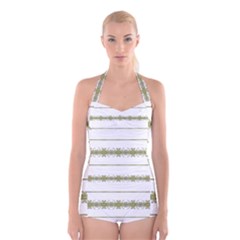 Ethnic Floral Stripes Boyleg Halter Swimsuit 