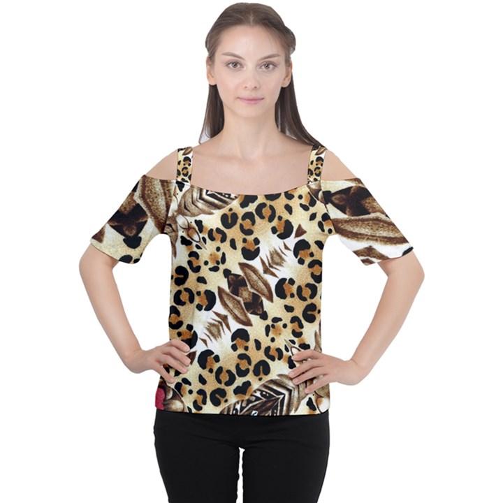 Background Fabric Animal Motifs And Flowers Women s Cutout Shoulder Tee