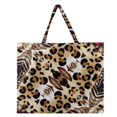 Background Fabric Animal Motifs And Flowers Zipper Large Tote Bag