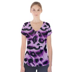 Background Fabric Animal Motifs Lilac Short Sleeve Front Detail Top