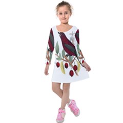 Bird On Branch Illustration Kids  Long Sleeve Velvet Dress