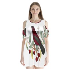 Bird On Branch Illustration Shoulder Cutout Velvet  One Piece