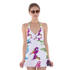 Birds Colorful Floral Funky Halter Swimsuit Dress