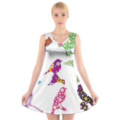 Birds Colorful Floral Funky V-neck Sleeveless Skater Dress by Amaryn4rt