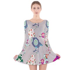 Birds Floral Pattern Wallpaper Long Sleeve Velvet Skater Dress