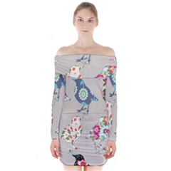 Birds Floral Pattern Wallpaper Long Sleeve Off Shoulder Dress