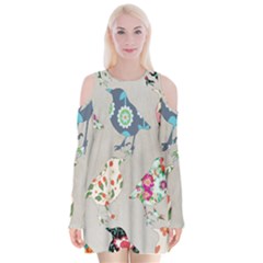 Birds Floral Pattern Wallpaper Velvet Long Sleeve Shoulder Cutout Dress