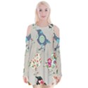 Birds Floral Pattern Wallpaper Velvet Long Sleeve Shoulder Cutout Dress View1