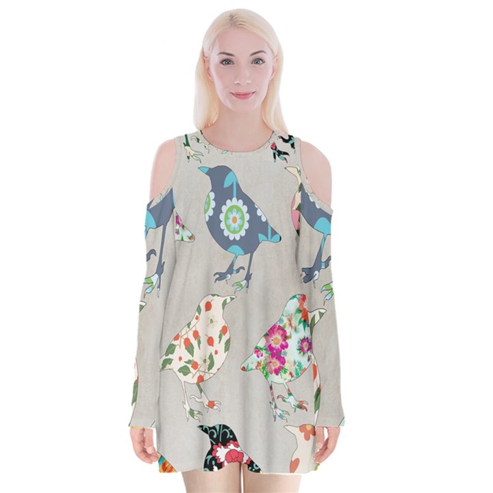 Birds Floral Pattern Wallpaper Velvet Long Sleeve Shoulder Cutout Dress