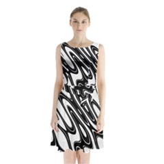 Black And White Wave Abstract Sleeveless Chiffon Waist Tie Dress