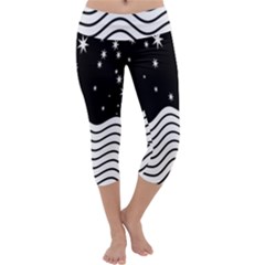 Black And White Waves And Stars Abstract Backdrop Clipart Capri Yoga Leggings