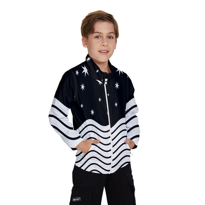 Black And White Waves And Stars Abstract Backdrop Clipart Wind Breaker (Kids)