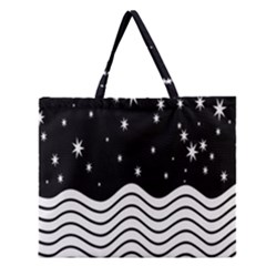 Black And White Waves And Stars Abstract Backdrop Clipart Zipper Large Tote Bag by Amaryn4rt