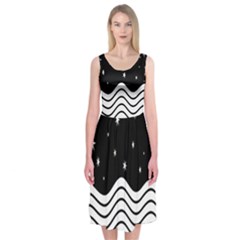 Black And White Waves And Stars Abstract Backdrop Clipart Midi Sleeveless Dress