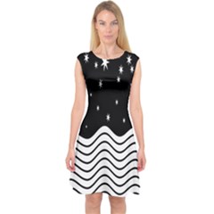 Black And White Waves And Stars Abstract Backdrop Clipart Capsleeve Midi Dress