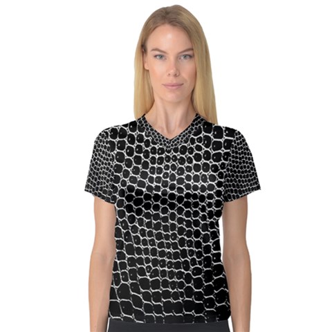 Black White Crocodile Background Women s V-neck Sport Mesh Tee by Amaryn4rt