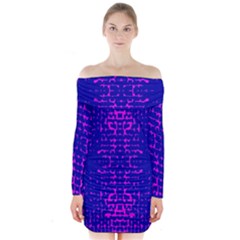 Blue And Pink Pixel Pattern Long Sleeve Off Shoulder Dress by Amaryn4rt