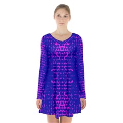 Blue And Pink Pixel Pattern Long Sleeve Velvet V-neck Dress