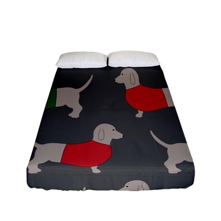 Cute Dachshund Dogs Wearing Jumpers Wallpaper Pattern Background Fitted Sheet (Full/ Double Size)