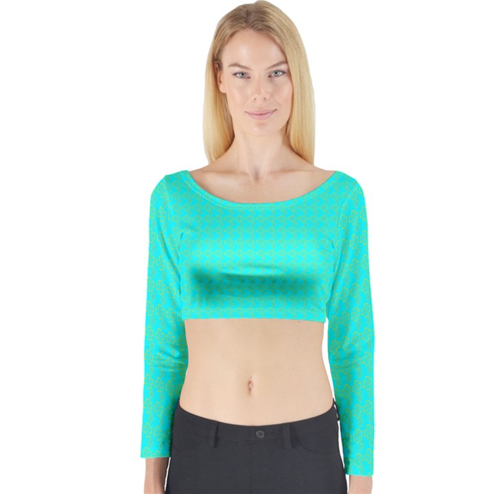 Clovers On Blue Long Sleeve Crop Top