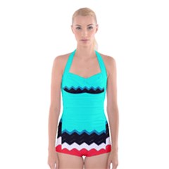 Pattern Digital Painting Lines Art Boyleg Halter Swimsuit 