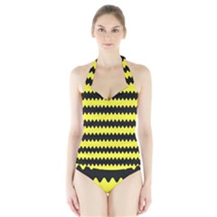 Yellow Black Chevron Wave Halter Swimsuit by Amaryn4rt