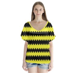 Yellow Black Chevron Wave Flutter Sleeve Top