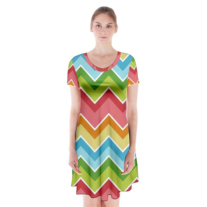 Colorful Background Of Chevrons Zigzag Pattern Short Sleeve V-neck Flare Dress