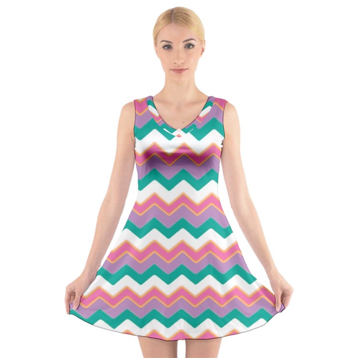 Chevron Pattern Colorful Art V-Neck Sleeveless Skater Dress