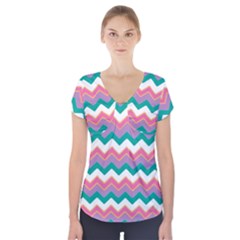 Chevron Pattern Colorful Art Short Sleeve Front Detail Top