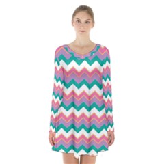 Chevron Pattern Colorful Art Long Sleeve Velvet V-neck Dress by Amaryn4rt