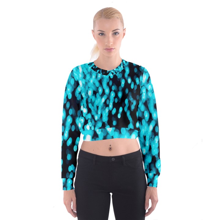 Bokeh Background In Blue Color Women s Cropped Sweatshirt