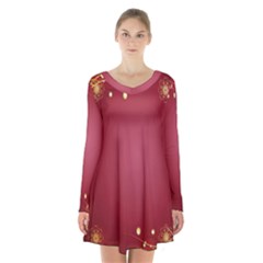 Red Background With A Pattern Long Sleeve Velvet V-neck Dress by Amaryn4rt