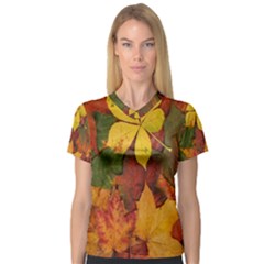 Colorful Autumn Leaves Leaf Background Women s V-neck Sport Mesh Tee