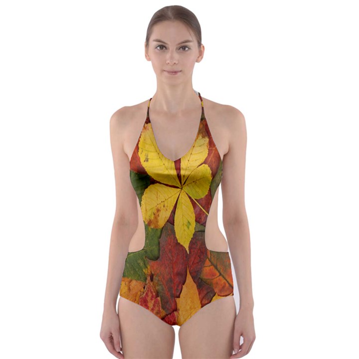 Colorful Autumn Leaves Leaf Background Cut-Out One Piece Swimsuit