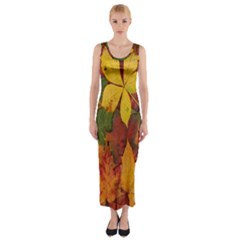 Colorful Autumn Leaves Leaf Background Fitted Maxi Dress by Amaryn4rt