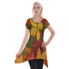 Colorful Autumn Leaves Leaf Background Short Sleeve Side Drop Tunic