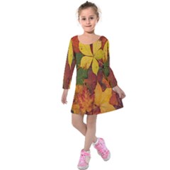 Colorful Autumn Leaves Leaf Background Kids  Long Sleeve Velvet Dress by Amaryn4rt