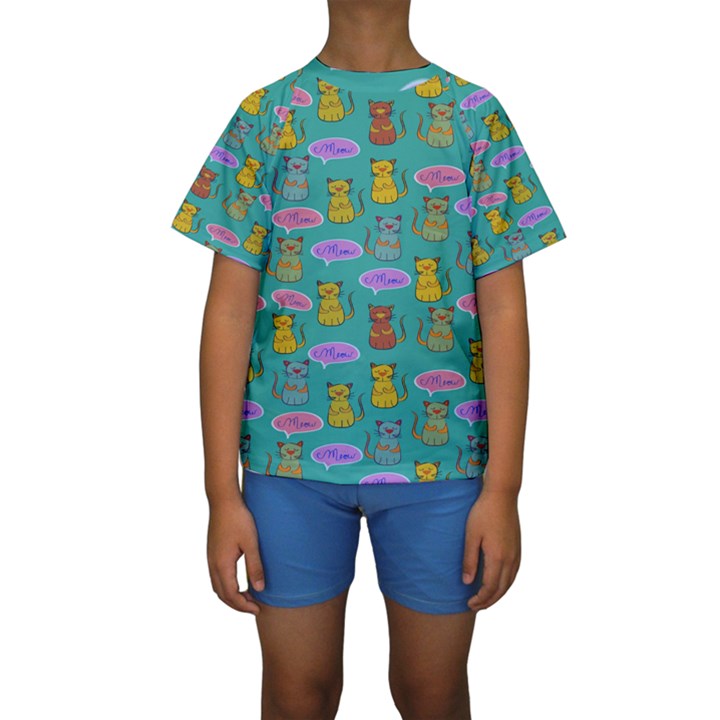 Meow Cat Pattern Kids  Short Sleeve Swimwear