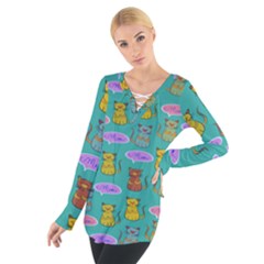 Meow Cat Pattern Women s Tie Up Tee