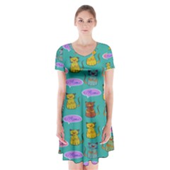 Meow Cat Pattern Short Sleeve V-neck Flare Dress by Amaryn4rt