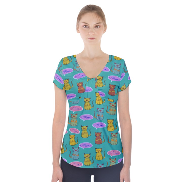 Meow Cat Pattern Short Sleeve Front Detail Top