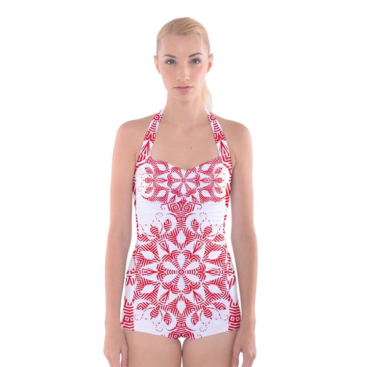 Red Pattern Filigree Snowflake On White Boyleg Halter Swimsuit 