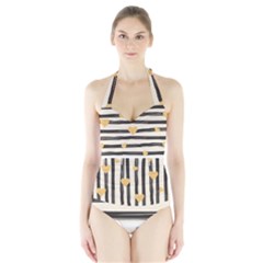 Black Lines And Golden Hearts Pattern Halter Swimsuit by TastefulDesigns