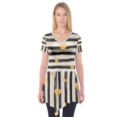 Black Lines And Golden Hearts Pattern Short Sleeve Tunic  by TastefulDesigns